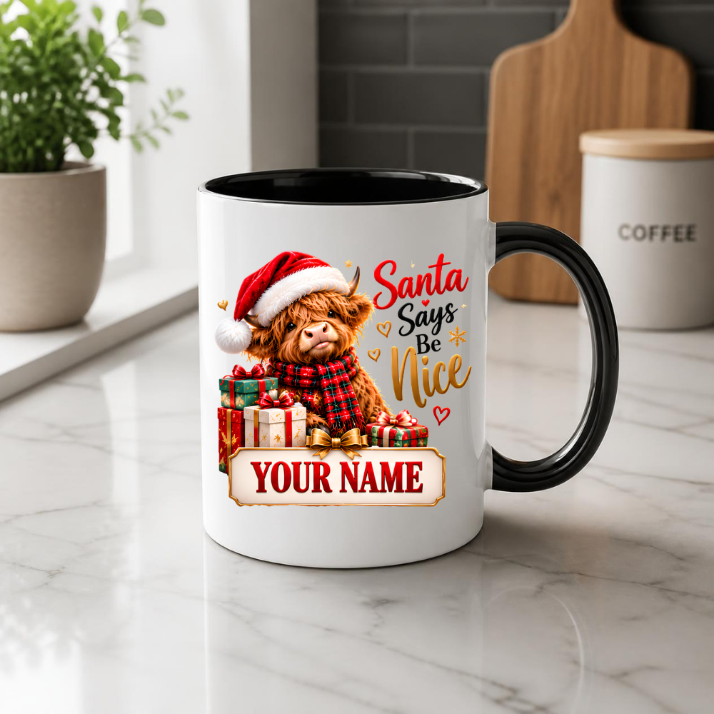 Personalised Christmas Mug "Santa Says Be Nice" 325ml Ceramic Coffee Tea Cup – Santa Hat Highland Cow, Wrapped Gifts, Custom Name & Festive Slogan Novelty Gift for Bestie, Women, Holiday – Fast Dispatch by UK Seller (M3520)