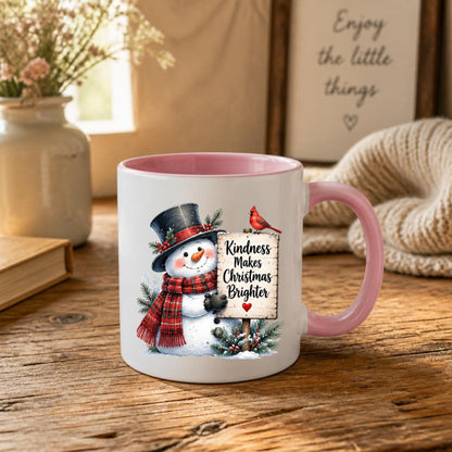 Heartwarming Mug "Kindness Makes Christmas Brighter" Snowman 325ml Ceramic Coffee Mug – Cute Winter Holiday Tea Cup with Top Hat, Cardinal Wooden Sign Gift | Available in Multicolours | Fast Dispatch by UK Seller (M1249)