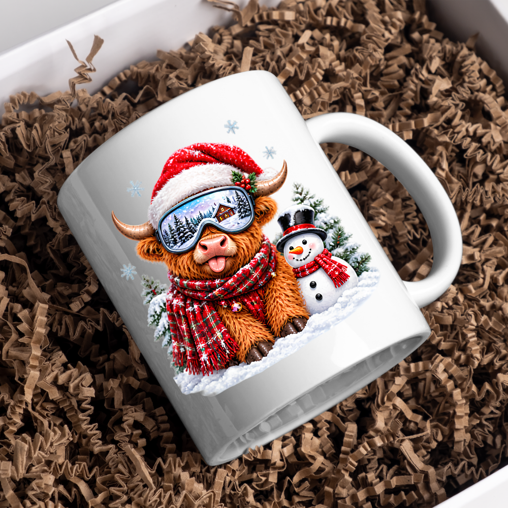 Christmas Mug "Winter Snowman Ski Goggles Highland Cow" Winter Snowman Highland Cow 325ml Ceramic Coffee Mug – Cute Christmas Ski Goggles Tea Cup With Santa Hat Snowman Graphic Gift | Available in Multicolours | Fast Dispatch by UK Seller (M3174)