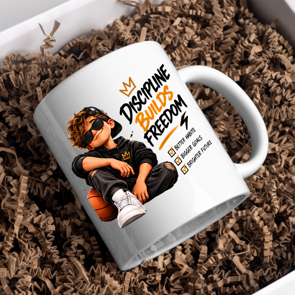 Motivational Mug "Discipline Builds Freedom" 325ml Ceramic Coffee Tea Cup – Cool Boy Graphic, Basketball, Habits & Goals Slogan Novelty Gift for Teens, Men, Birthday – Fast Dispatch by UK Seller (M3501)