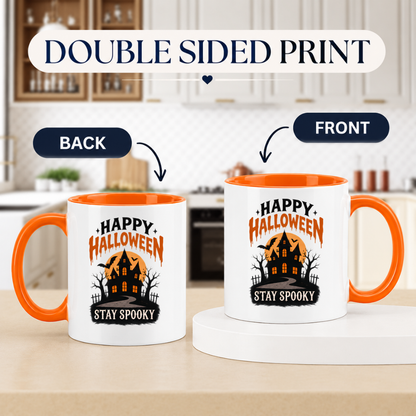 Halloween Mug "Happy Halloween Stay Spooky Haunted House" Happy Halloween Stay Spooky Haunted House 325ml Ceramic Coffee Mug– Funny Halloween Autumn Tea Cup With Haunted Castle Full Moon Bats Typography Graphic Gift | Fast Dispatch by UK Seller (M3209)