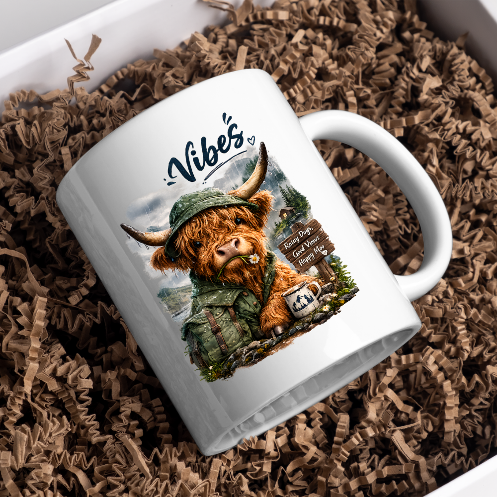 Cozy Mug "Vibes - Rainy Days, Good Views, Happy Moo" Hiking Highland Cow 325ml Ceramic Coffee Mug Whimsical Outdoor Tea Cup with Rain Hat and Mountain Scene Graphic Gift | Available in Multicolours | Fast Dispatch by UK Seller (M3156)
