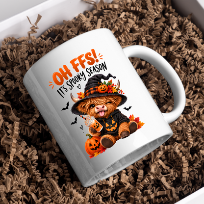 Spooky Season Mug "Oh FFS! It's Spooky Season" Highland Cow Oh Ffs! It's Spooky Season 325ml Ceramic Coffee Mug – Cute Highland Cow in Witch Hat with Pumpkin, Bats & Coffee | Halloween Gift | Fast Dispatch by UK Seller (M3363)