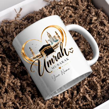 Personalised Umrah Mubarak Mug 325ml Ceramic Coffee Tea Cup – Custom Name, Holy Kaaba, Golden Heart Frame & Makkah Skyline Religious Pilgrimage Gift for Family, Friends, Hajj Celebration – Fast Dispatch by UK Seller (M3488)