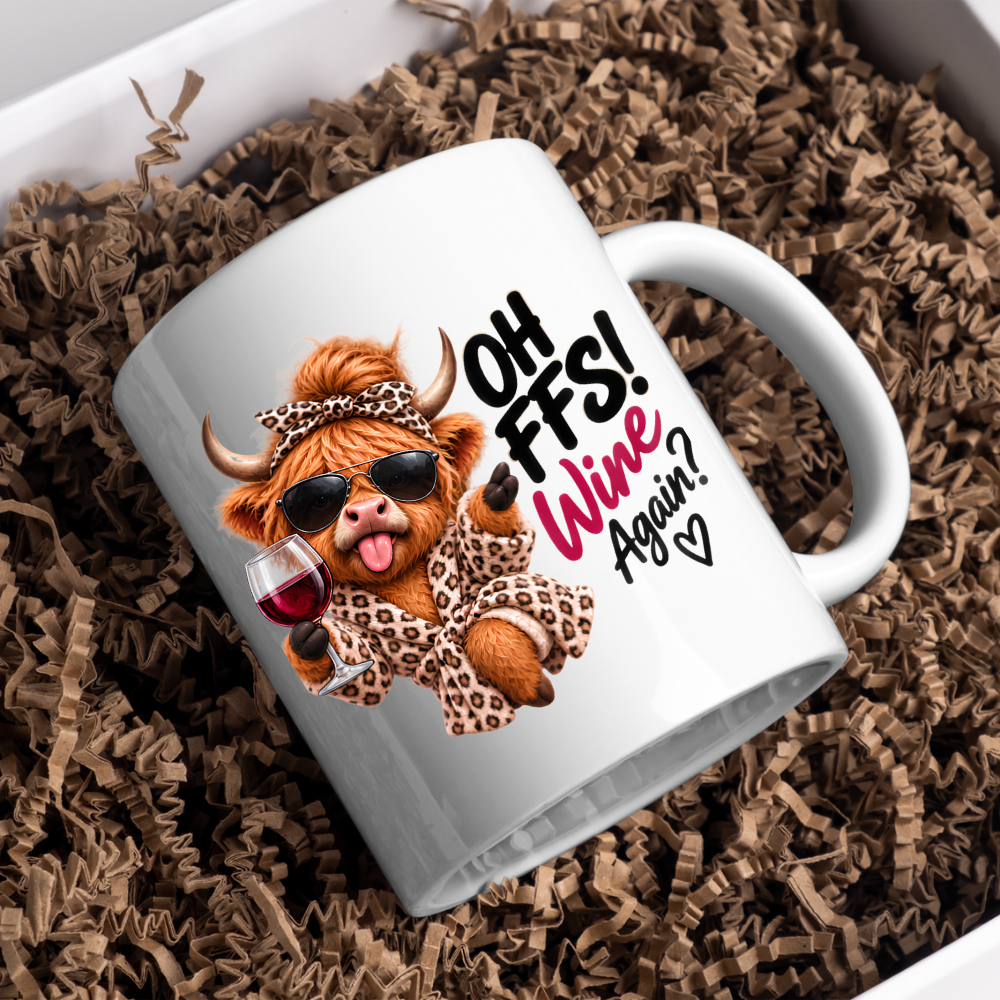 Highland Cow Wine Lover Mug "Oh FFS! Wine Again?" Oh FFS! Wine Again? 325ml Ceramic Coffee Mug – Cute Highland Cow in Leopard Bathrobe, Bow & Sunglasses holding Red Wine Glass | Funny Gift | Fast Dispatch by UK Seller (M3389)