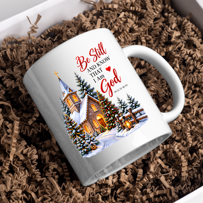 Religious Christmas Mug "Be Still And Know That I Am God" Church Be Still And Know That I Am God 325ml Ceramic Coffee Mug – Church Scripture Mug with Psalm 46:10, Decorated Trees & Lantern | Religious Holiday Gift | Fast Dispatch by UK Seller (M3355)