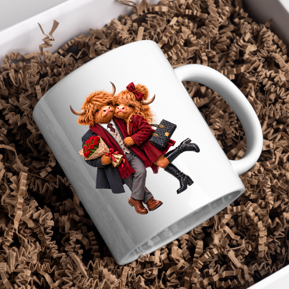 Romantic Mug "Red Roses Highland Cow Couple" 325ml Ceramic Mug – Romantic Highland Cow Couple in Red Coat, Bow & Suit Holding Red Roses Designer Bag Anniversary Valentines Gift For Couples | Available in Multicolours | Fast Dispatch by UK Seller (M3263)
