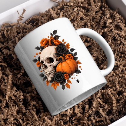 Halloween Mug "Floral Skull & Orange Pumpkin" Floral Skull and Orange Pumpkin 325ml Ceramic Coffee Mug – Gothic Halloween Autumn Tea Cup With Detailed Human Skull Roses Spider Graphic Gift | Available in Multicolours | Fast Dispatch by UK Seller (M3226)