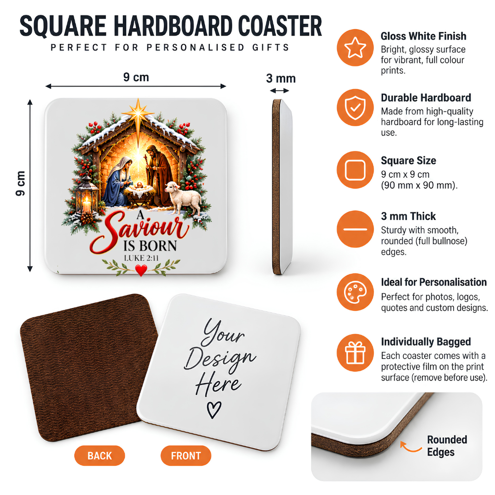 Christmas Nativity Hardboard Coaster "A Saviour Is Born" Graphic 9cm x 9cm Square Drinks Coaster Holy Family Manger Scene with Star of Bet