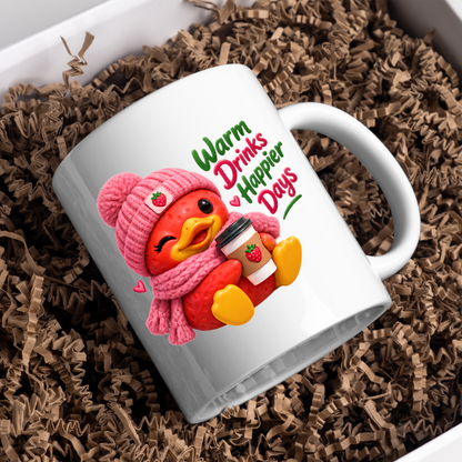 Cozy Mug "Warm Drinks Happier Days Strawberry Duck" 325ml Ceramic Coffee Mug – Cute Winter Strawberry Duck in Pink Beanie Scarf Holding Coffee Cup Cozy Gift For Friends Family | Available in Multicolours | Fast Dispatch by UK Seller (M3250)