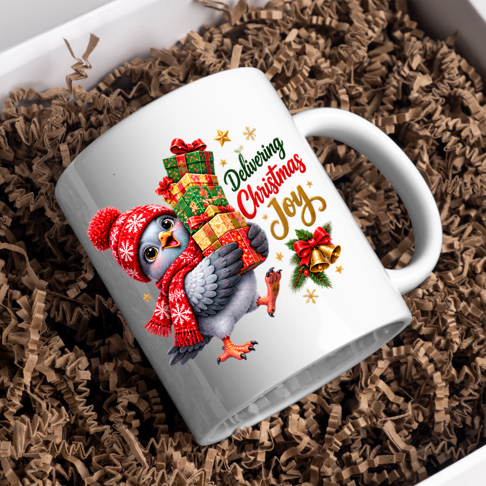 Christmas Mug "Delivering Christmas Joy Cute Bird" 325ml Ceramic Coffee Mug – Adorable Christmas Bird in Red Snowflake Beanie Scarf Carrying Stack Of Festive Gift Boxes Holiday Gift | Available in Multicolours | Fast Dispatch by UK Seller (M3269)