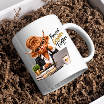 Highland Cow Mug "Focused Brighter Further Highland Cow" 325ml Ceramic Coffee Mug – Smart Highland Cow in Blazer Glasses At Laptop Desk With Plan Achieve Books Office Gift | Available in Multicolours | Fast Dispatch by UK Seller (M3281)