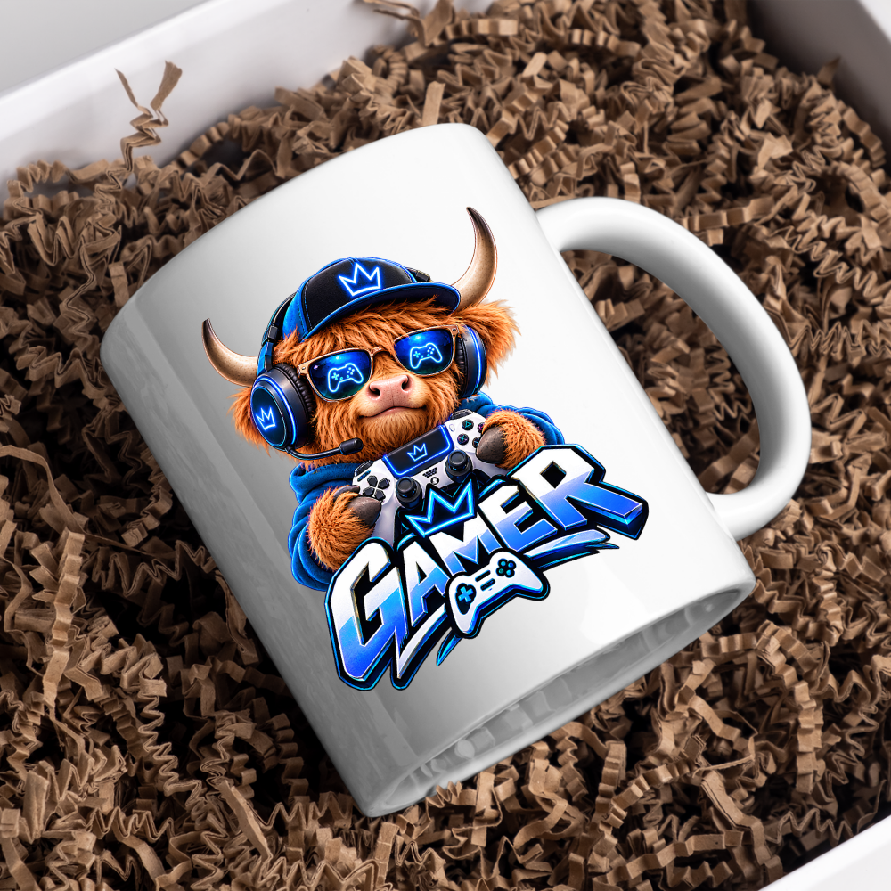 Gaming Mug "Gamer" Highland Cow Gamer 325ml Ceramic Coffee Mug – Cute Highland Cow Gamer in Blue Hoodie & Headset with Controller Art | Video Game Gift | Fast Dispatch by UK Seller (M3347)