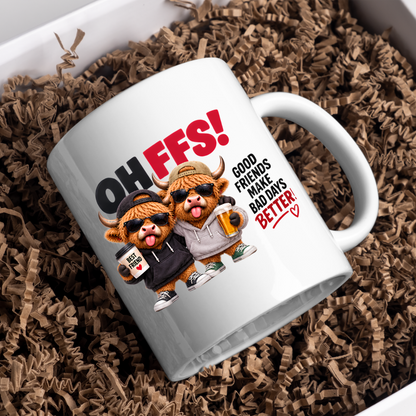 Best Friends Highland Cows Mug "OH FFS! Good Friends Make Bad Days Better!" Oh Ffs! Good Friends Make Bad Days Better! 325ml Ceramic Coffee Mug – Cute Highland Cows in Hoodies & Caps with Cup & Mug | Funny Bestie Gift | Fast Dispatch by UK Seller (M3371)