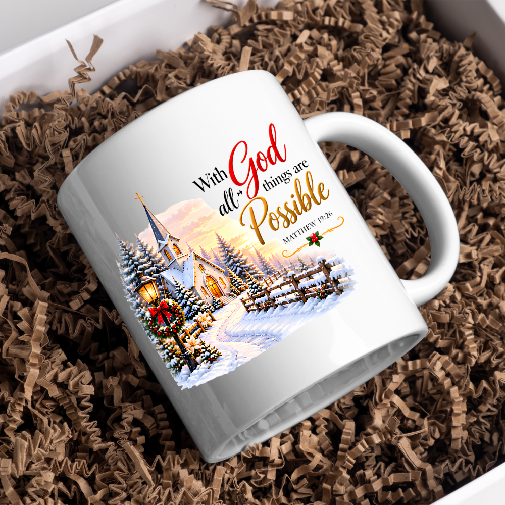 Religious Christmas Mug "With God All Things Are Possible" With God All Things Are Possible 325ml Ceramic Coffee Mug – Christian Winter Church Scripture Mug with Matthew 19:26 | Religious Holiday Gift | Fast Dispatch by UK Seller (M3341)
