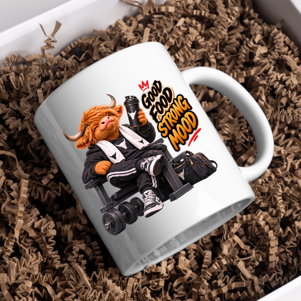Gym Mug "Good Food Strong Mood Highland Cow" Good Food Strong Mood 325ml Ceramic Coffee Mug – Muscular Highland Cow on Bench with Shaker & Barbells Gym Fitness Gift | Available in Multicolours | Fast Dispatch by UK Seller (M3275)