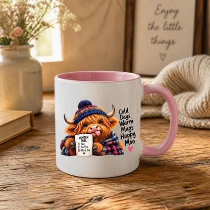 Cozy Mug "Cold Days Warm Mugs Happy Moo" Highland Cow 325ml Ceramic Coffee Mug – Winter Fuel Tea Cup with Knitted Beanie, Scarf & Hearts Gift | Available in Multicolours | Fast Dispatch by UK Seller (M1280)