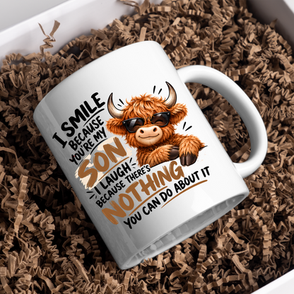 Cool Highland Cow Mug "I Smile Because You're My Son" I Laugh Because There's Nothing You Can Do About It 325ml Ceramic Coffee Mug – Cool Highland Cow in Sunglasses | Funny Father's Day & Birthday Gift for Son | Fast Dispatch by UK Seller (M3459)