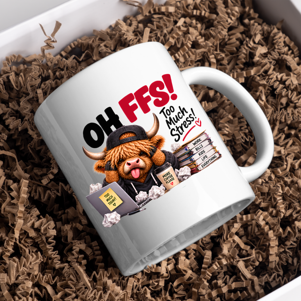 Highland Cow Workplace Stress Mug "OH FFS! Too Much Stress!" Oh Ffs! Too Much Stress! 325ml Ceramic Coffee Mug – Cute Highland Cow at Laptop Desk with Paper Stack, Sticky Notes & Coffee Cup | Funny Office & Work Gift | Fast Dispatch by UK Seller (M3381)