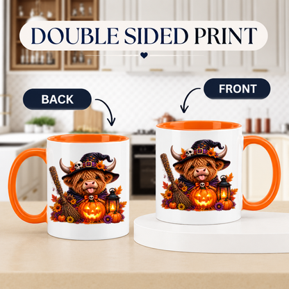Halloween Mug "Cute Witch Highland Cow" Cute Witch Highland Cow 325ml Ceramic Coffee Mug – Halloween Autumn Tea Cup with Witch Hat, Jack-o Lantern Broom Lantern Autumn Leaves Graphic Gift | Available in Multicolours | Fast Dispatch by UK Seller (M3200)