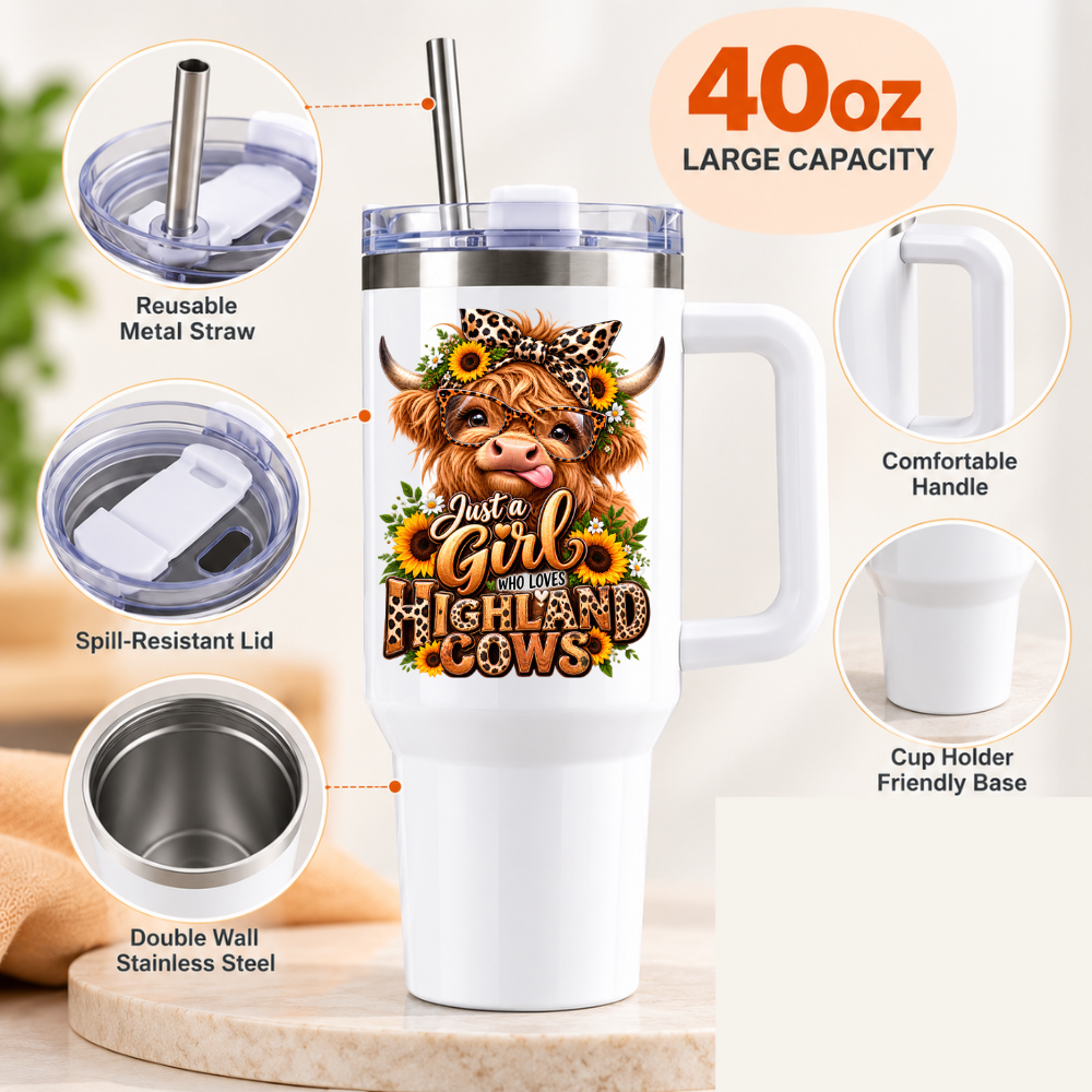 Cute Highland Cow Travel Tumbler "Just A Girl Who Loves Highland Cows" Graphic 40oz Stainless Steel Insulated Travel Mug with Handle & Straw â€“ Cheeky Calf with Glasses, Leopard Bow & Sunflowers Novelty Travel Cup | Fast Dispatch by UK Seller (T3001)