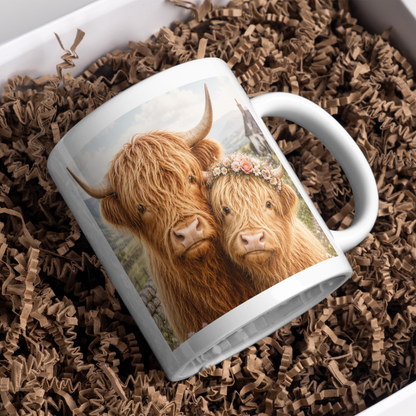 Cute Highland Cow Coffee Mug with Floral Crown - Fluffy Farmhouse Animal Ceramic Tea Cup for Cow Lovers & Rustic Kitchen Decor (M1201)