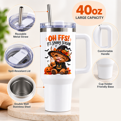 Halloween Highland Cow Travel Tumbler "Oh FFS! It's Spooky Season" Graphic 40oz Stainless Steel Insulated Travel Mug with Handle & Straw – Funny Witch Cow Pumpkin Iced Latte Gift | Fast Dispatch by UK Seller (T3043)