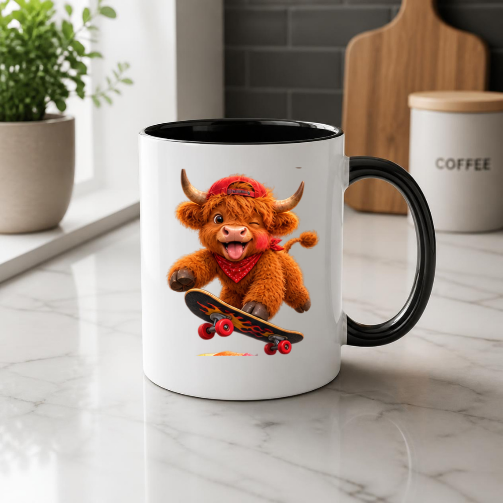 Skateboard Highland Cow Ceramic Coffee Mug - Cool Fluffy Farm Animal Baseball Cap & Bandana Tea Cup for Skaters & Animal Lovers (M1220)
