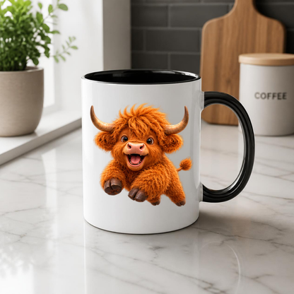 Joyful Jumping Baby Highland Cow Coffee Mug - Cute Playful Farm Animal Ceramic Tea Cup for Happy Morning & Animal Lover Gift (M1216)