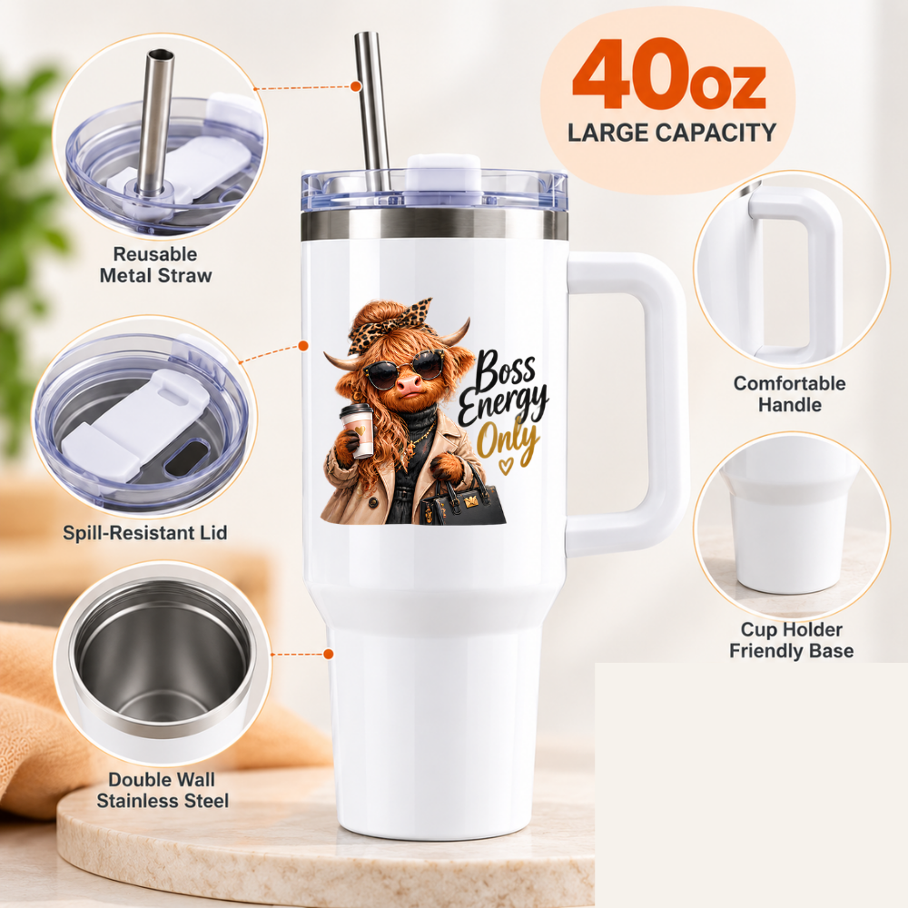 Sassy Highland Cow Travel Tumbler "Boss Energy Only" Graphic 40oz Stainless Steel Insulated Travel Mug with Handle & Straw – Fashion Cow in Trench Coat, Sunglasses, Handbag & Coffee Novelty Travel Cup | Fast Dispatch by UK Seller (T3020)