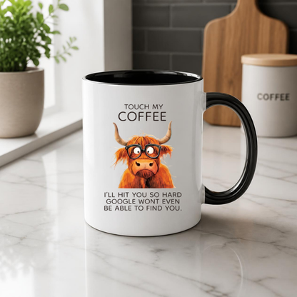 Funny Highland Cow "Touch My Coffee" Coffee Mug - Sarcastic Meme Animal Ceramic Tea Cup with Glasses & Funny Quote Gift (M1206)