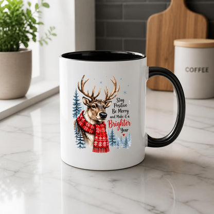 Uplifting Mug "Stay Positive Be Merry and Make it a Brighter Year" Reindeer 325ml Ceramic Coffee Mug Cozy Winter Holiday Tea Cup with Red Snowflake Scarf & Pine Forest Gift | Available in Multicolours | Fast Dispatch by UK Seller (M1259)