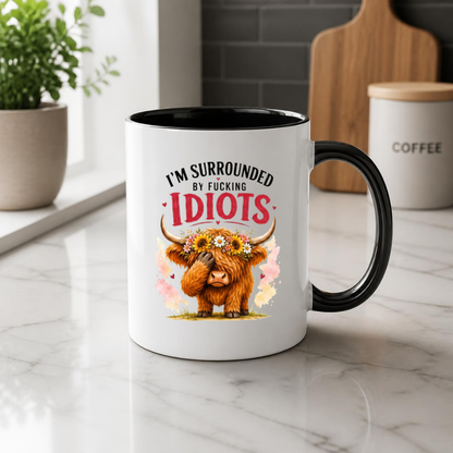 Funny Facepalm Highland Cow "I'm Surrounded by Fucking Idiots" Coffee Mug - Sarcastic Farm Animal Ceramic Tea Cup with Sunflower Crown & Relatable Meme Quote Gift (M1210)