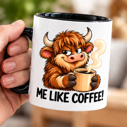 Funny Highland Cow Coffee Mug "ME LIKE COFFEE!" –  Cute Cheeky Cow Cartoon 350ml Ceramic Cup with Black Handle, 11oz, Funny Coffee Quote Mug for Coffee Lovers, Unique Novelty Gift for Him Her, Home Office Coffee Breaks | Fast Dispatch by UK Seller (M1106)