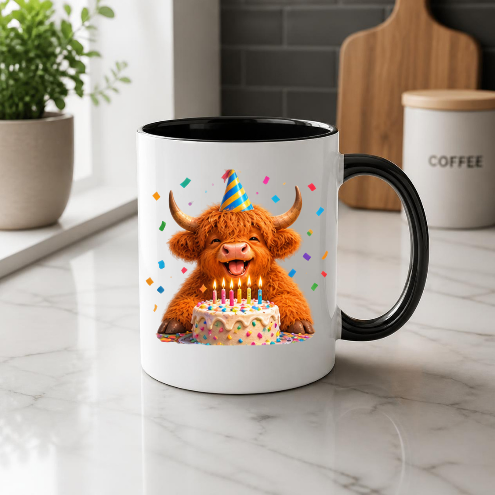 Festive Mug Birthday Highland Cow Ceramic Coffee Mug – Cute Celebration Farm Animal Party Hat & Cake Tea Cup Gift 350ml | Available in Multicolours | Fast Dispatch by UK Seller (M1229)