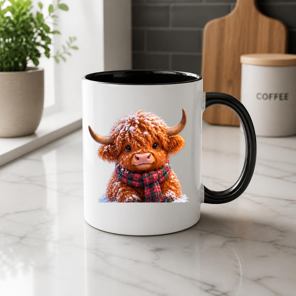 Winter Snow Highland Cow Coffee Mug - Fluffy Baby Animal in Plaid Scarf Ceramic Tea Cup for Christmas & Cozy Holiday Decor (M1215)