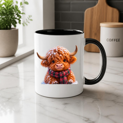 Winter Snow Highland Cow Coffee Mug - Fluffy Baby Animal in Plaid Scarf Ceramic Tea Cup for Christmas & Cozy Holiday Decor (M1215)