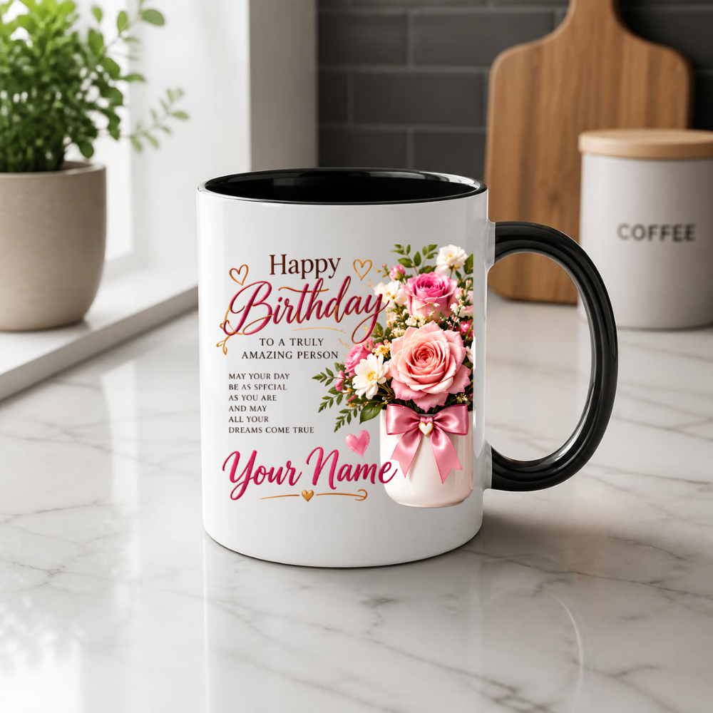 Personalised Birthday Mug "Happy Birthday To A Truly Amazing Person" 325ml Ceramic Coffee Tea Cup – Pink Roses Bouquet, Custom Name & Wish Slogan Novelty Gift for Women, Bestie, Birthday – Fast Dispatch by UK Seller (M3509)