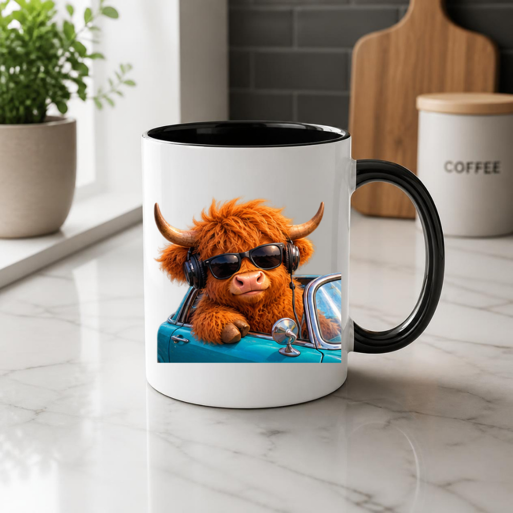 Cool Highland Cow Driving Convertible Car Coffee Mug - Sunglasses & Headphones Farm Animal Ceramic Tea Cup for Drivers & Music Lovers (M1217)