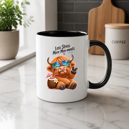 Novelty Mug Relaxing Tropical Highland Cow "Less Stress More Moo-ments" Ceramic Coffee Mug – Beach Vacation Farm Animal with Sunglasses & Coconut Drink Tea Cup Gift | Available in Multicolours | Fast Dispatch by UK Seller (M1226)
