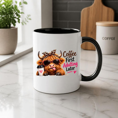 Humorous Mug "Coffee First Adulting Later" Highland Cow 325ml Ceramic Coffee Mug Cute Animal Tea Cup with Sunglasses, Leopard Bow & Coffee Cup Gift | Available in Multicolours | Fast Dispatch by UK Seller (M1276)