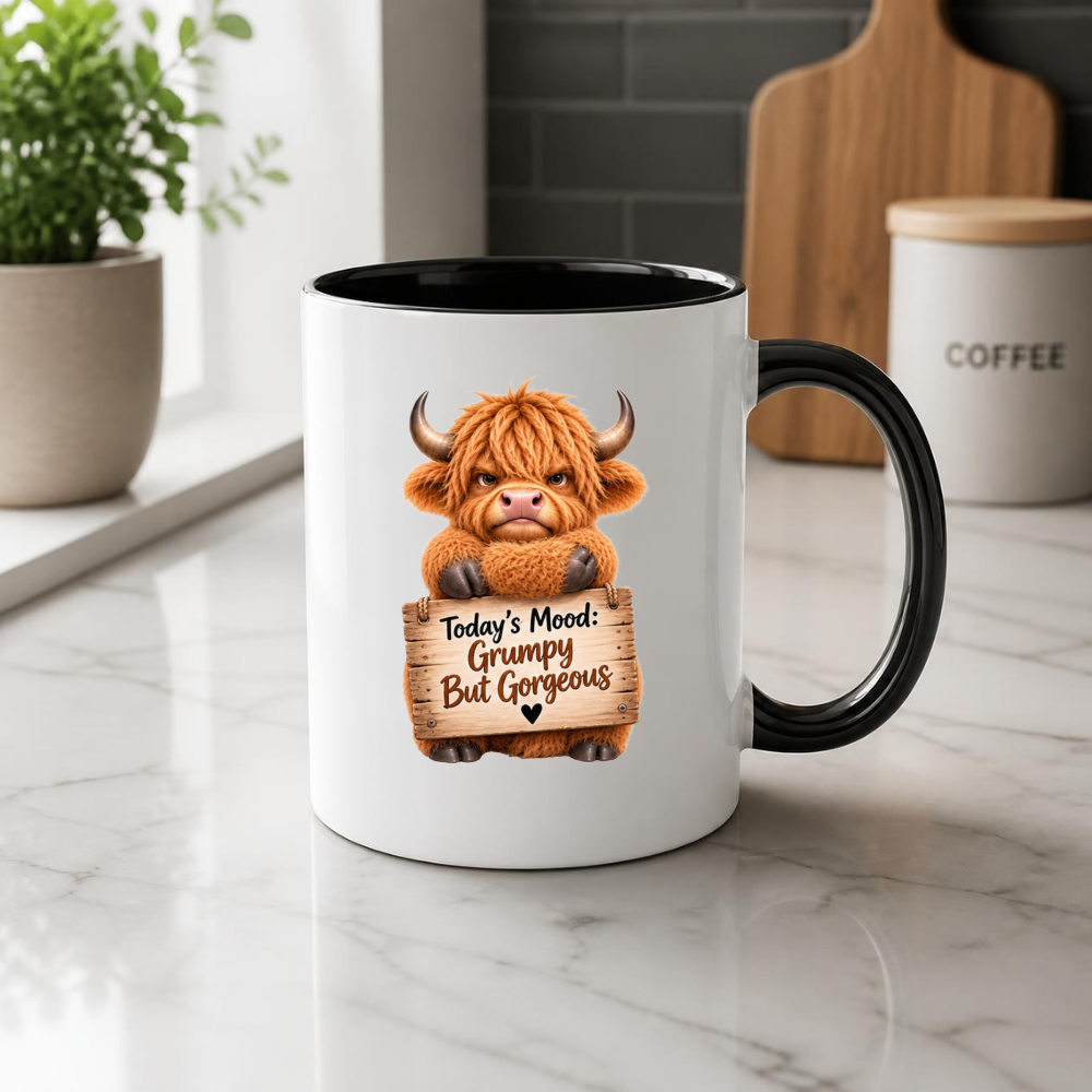 Grumpy Mug But Gorgeous Highland Cow Ceramic Coffee Mug – Funny Sassy Farm Animal Wooden Sign Quote Tea Cup Gift 350ml | Available in Multicolours | Fast Dispatch by UK Seller (M1227)