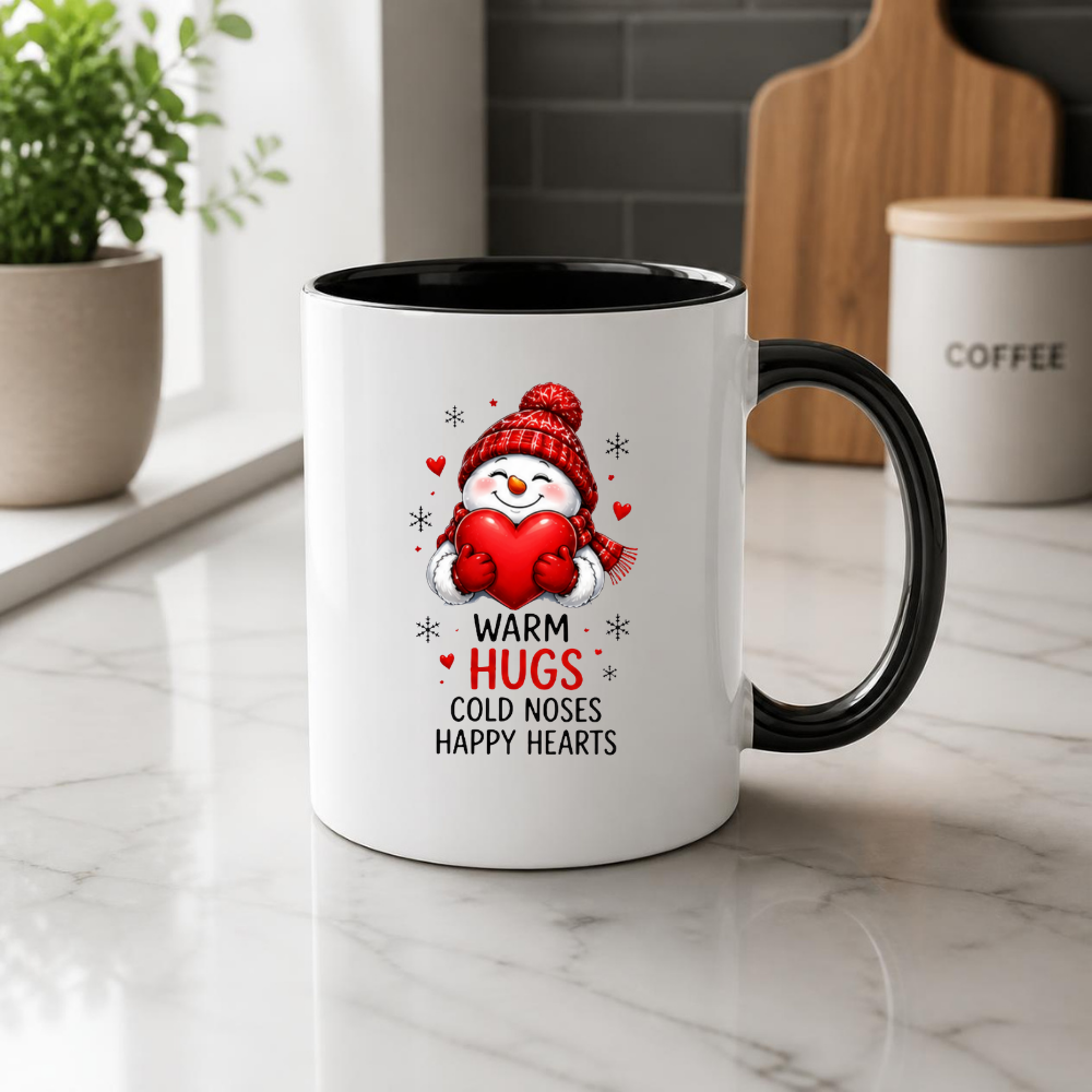 Heartwarming Mug "Warm Hugs" Snowman Ceramic Coffee Mug – Cute Winter Holiday Tea Cup with Red Heart & Scarf Gift 350ml | Available in Multicolours | Fast Dispatch by UK Seller (M1232)