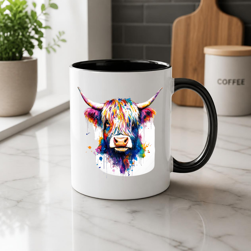 Colorful Watercolor Splash Highland Cow Ceramic Coffee Mug (M1209)