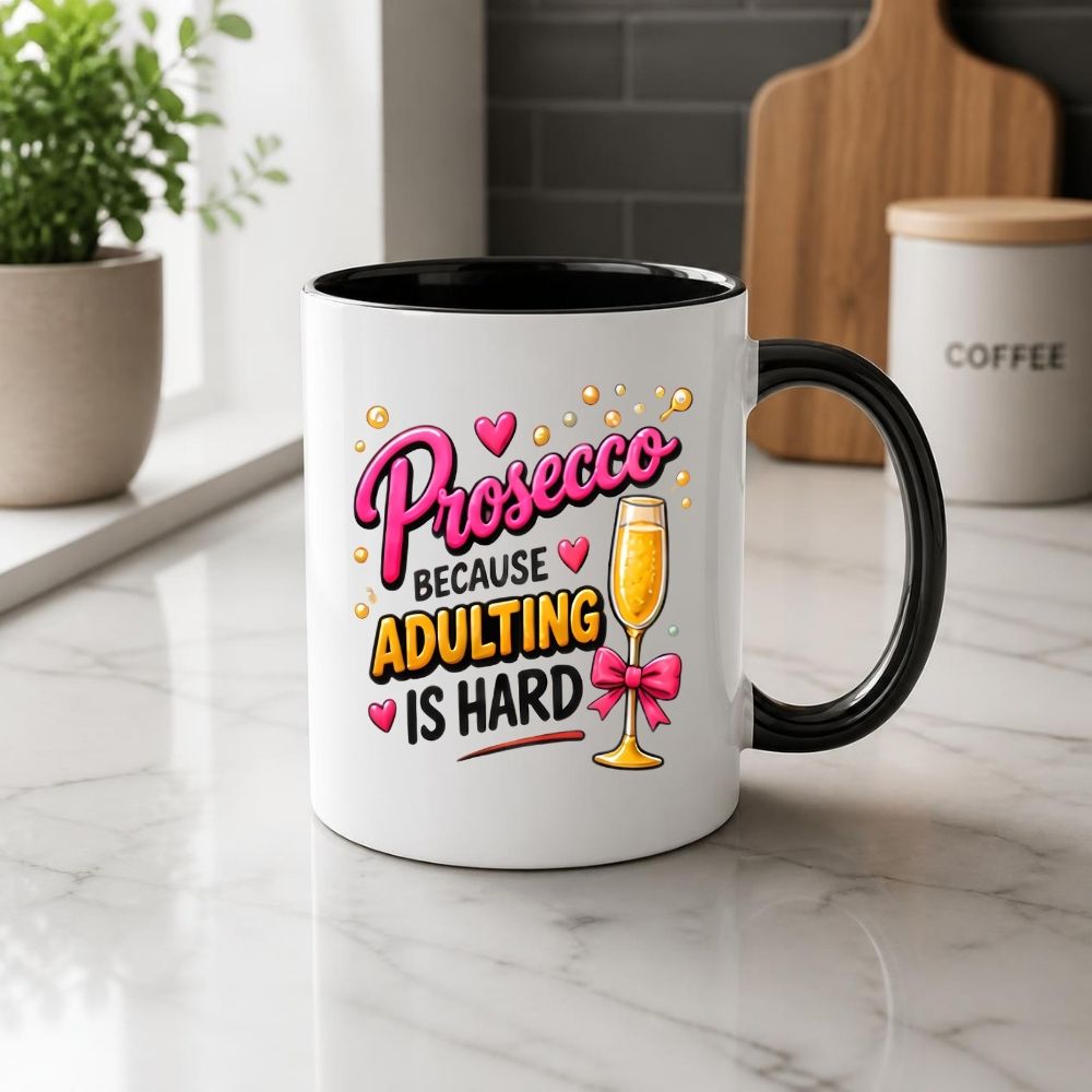 Humorous Mug "Prosecco Because Adulting Is Hard" 325ml Ceramic Coffee Mug Funny Wine Lover Tea Cup with Champagne Flute, Pink Bow & Bubbles Gift | Available in Multicolours | Fast Dispatch by UK Seller (M1303)