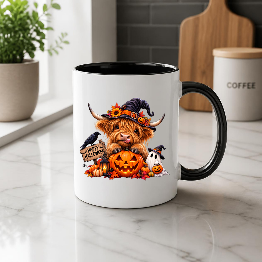 Spooky Cute Halloween Highland Cow Coffee Mug - Witch Hat & Jack-o'-Lantern Pumpkin Ceramic Tea Cup for Fall & Spooky Season Decor (M1212)
