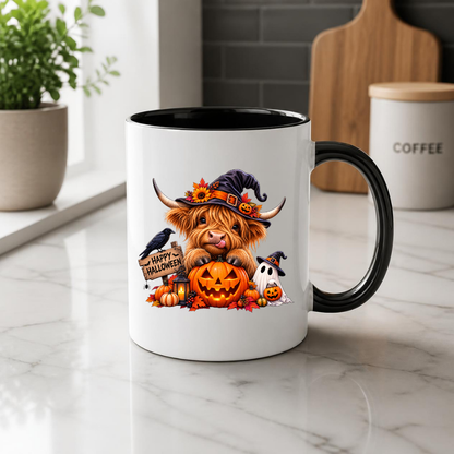 Spooky Cute Halloween Highland Cow Coffee Mug - Witch Hat & Jack-o'-Lantern Pumpkin Ceramic Tea Cup for Fall & Spooky Season Decor (M1212)