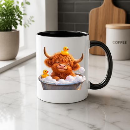 Cute Baby Highland Cow in Bubble Bath Coffee Mug - Rubber Duck Farm Animal Ceramic Tea Cup for Relaxation & Bath Time Gift (M1218)