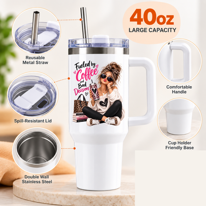 Sassy Leopard Print Travel Tumbler "Fueled By Coffee And Bad Decisions" Graphic 40oz Stainless Steel Insulated Mug with Handle & Straw –Fashion Girl sitting with Sunglasses, Leopard Handbag & Tumbler Novelty Travel Cup | Fast Dispatch by UK Seller (T3016)