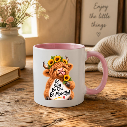 Uplifting Mug "Be Silly Be Kind Be Moo-tiful" Highland Cow Ceramic Coffee Mug - Cute Sunflower Farm Animal Tea Cup with Floral Crown Gift | Available in Multicolours | Fast Dispatch by UK Seller (M1224)
